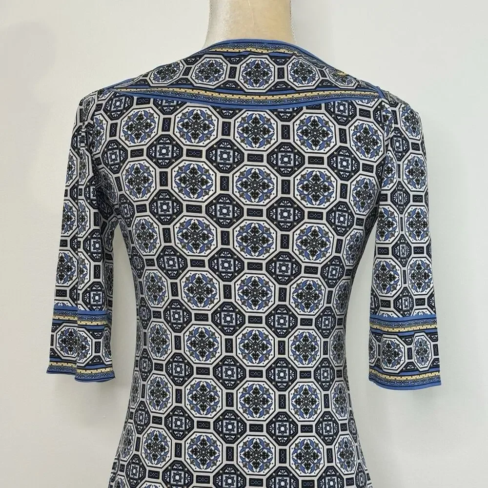 NWT Max Studio Geometric Print Boat Neck Sheath Dress Size S Blue Multi